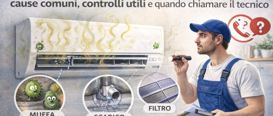 Condizionatore con cattivo odore mentre un tecnico controlla filtro, muffa interna e scarico condensa dell’impianto.