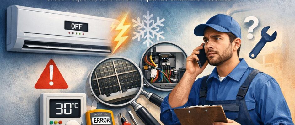 Condizionatore che si spegne da solo con icone di errore, filtro sporco e tecnico che effettua controlli e diagnosi guasti.