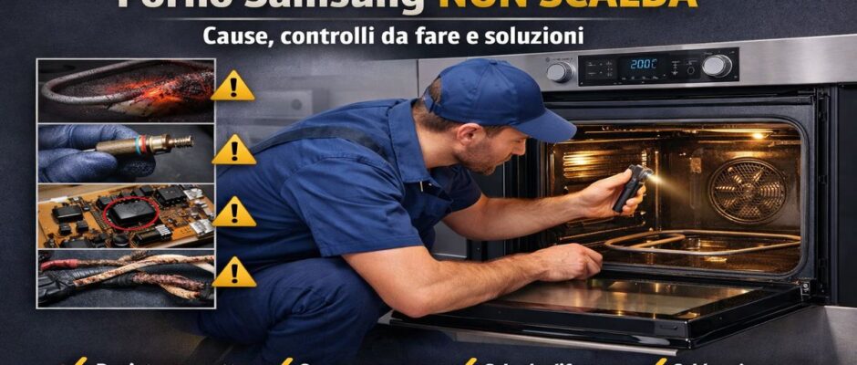 Tecnico che controlla un forno Samsung che non scalda durante un intervento di diagnosi del guasto