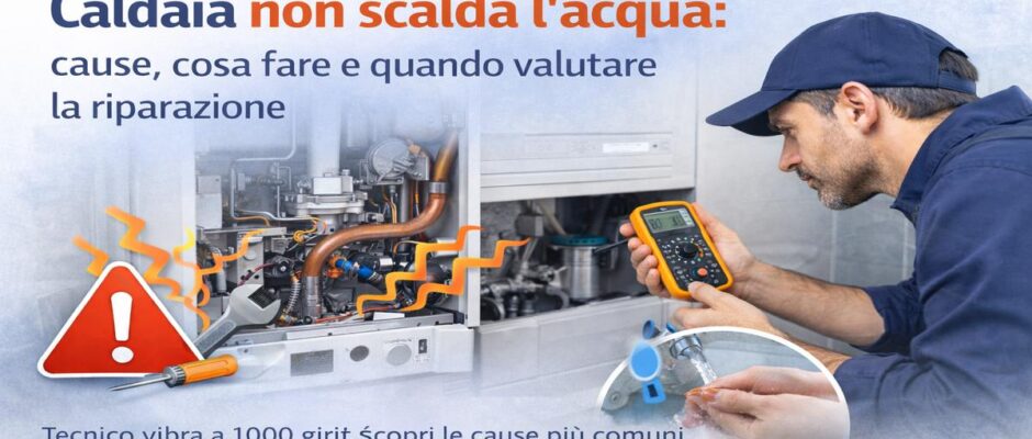 Tecnico controlla una caldaia domestica che non scalda l’acqua per individuare le cause del problema e valutare se è necessaria la riparazione.