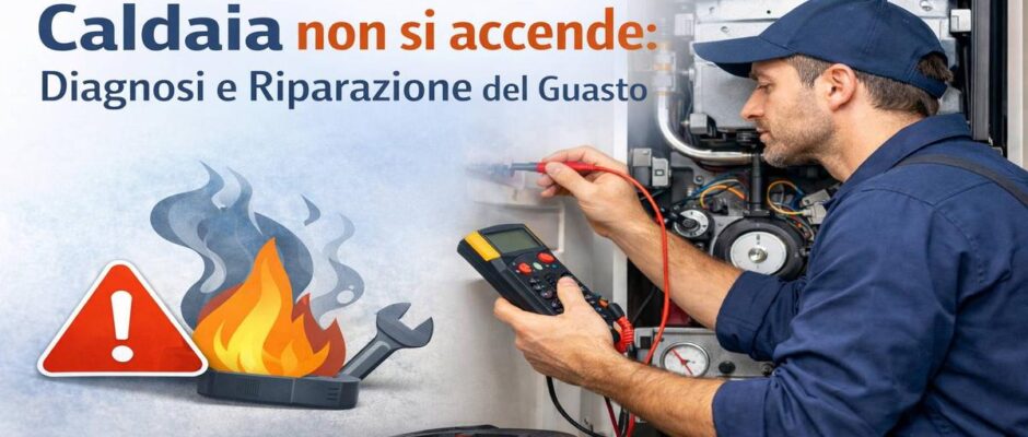 Tecnico controlla una caldaia domestica guasta con strumenti di diagnostica per individuare perché la caldaia non si accende e valutare la riparazione.