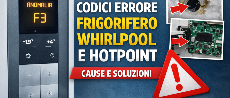 Display di frigorifero Whirlpool con codice errore F3 e grafica informativa sui codici errore dei frigoriferi Whirlpool e Hotpoint.