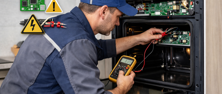 Tecnico che controlla un forno Samsung che non si accende durante una diagnosi del guasto elettronico