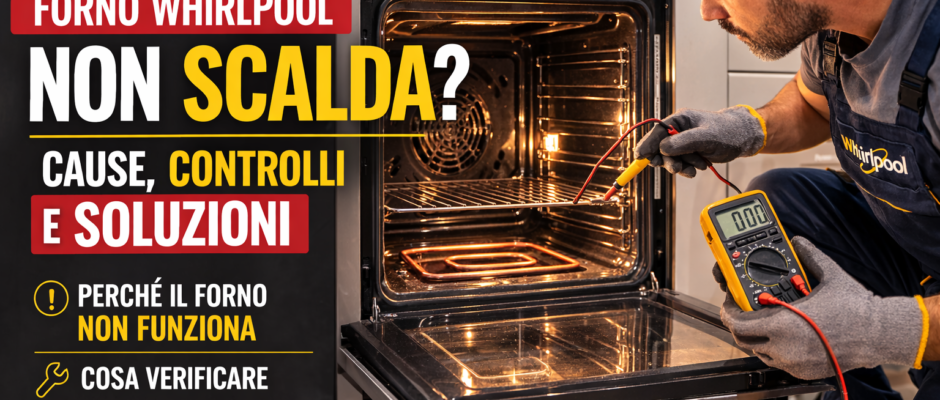 Tecnico che controlla un forno Whirlpool che non scalda durante la diagnosi di un guasto alle resistenze o al sistema elettrico.