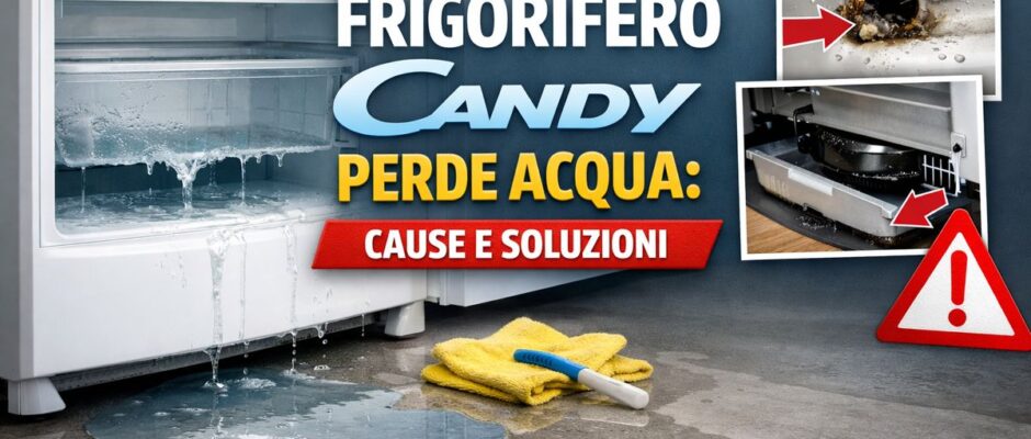 Frigorifero Candy perde acqua sul pavimento della cucina con grafica informativa su cause e soluzioni.