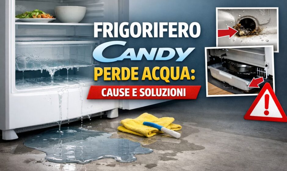 Frigorifero Candy perde acqua sul pavimento della cucina con grafica informativa su cause e soluzioni.