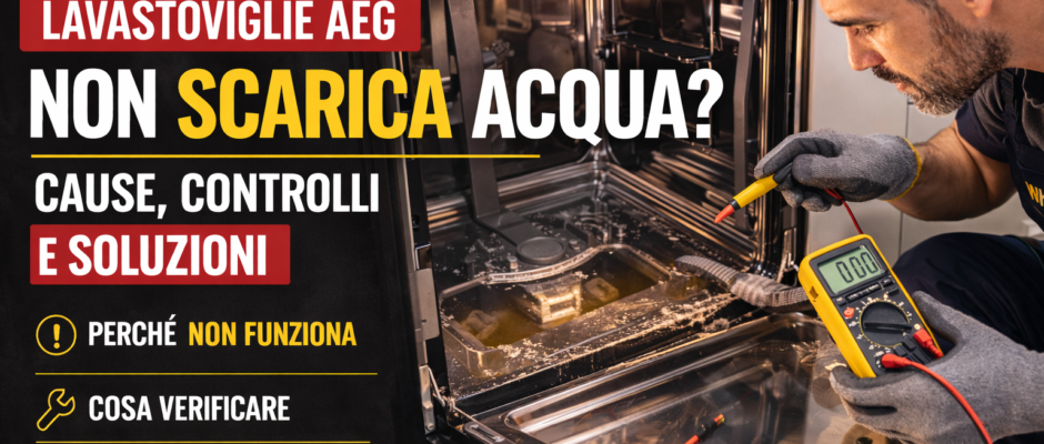 Tecnico che controlla una lavastoviglie AEG che non scarica acqua durante la diagnosi di un problema alla pompa di scarico.