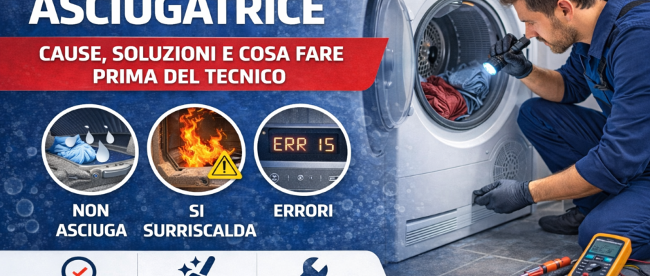 Tecnico che controlla un’asciugatrice aperta per individuare problemi comuni come asciugatrice che non asciuga, surriscaldamento o errori sul display.