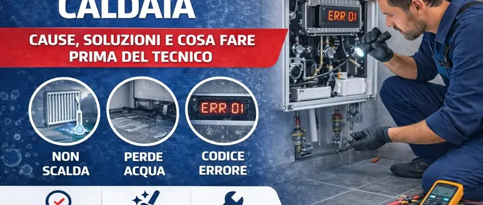 Tecnico che controlla una caldaia aperta per individuare problemi comuni come caldaia che non scalda, perdita d’acqua o codici errore.